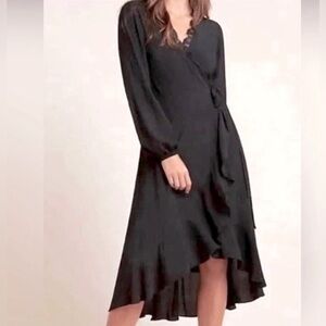 Anthropologie Angela Long Sleeve Dress Size S Classic Wrap Fairy Ruffles Black